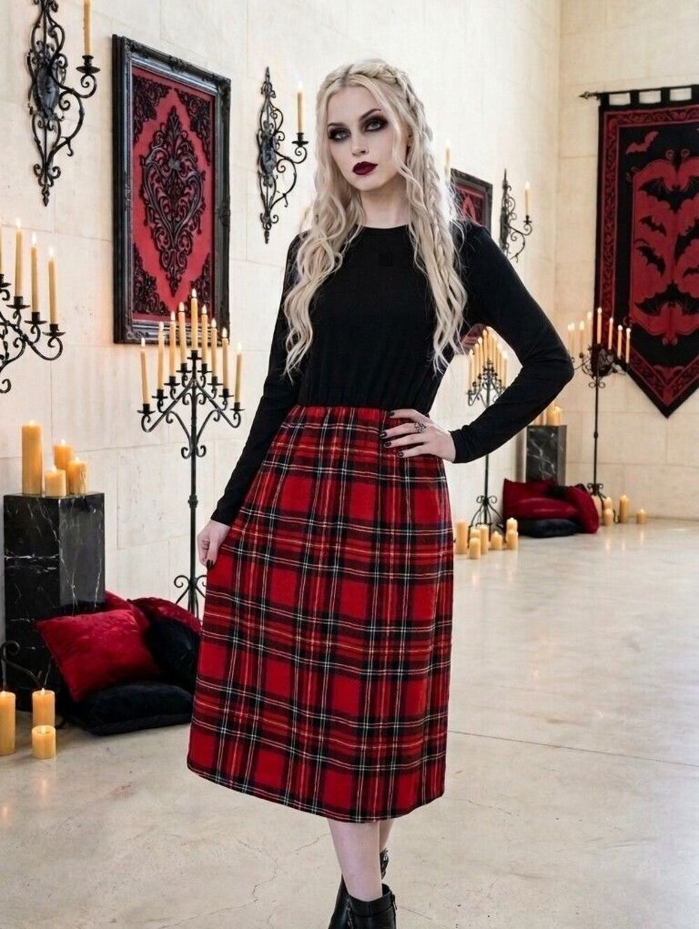 Red tartan plaid midi dress with black long sleeves gothic grunge punk emo alt